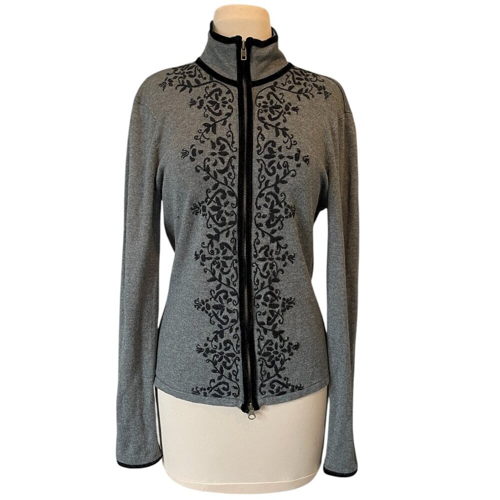 CAbi Women's Embroidered Zip-Up Cardigan Long Sleeve Grey Sweater, Size Large